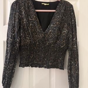 Gianni Bini Forest Green and Gold Patterned Blouse